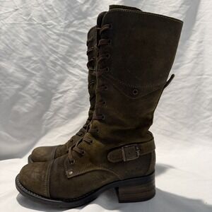 Taos Tall Crave Olive Leather Combat Boots Faux Fur Lined US 6-6.5 EU 37